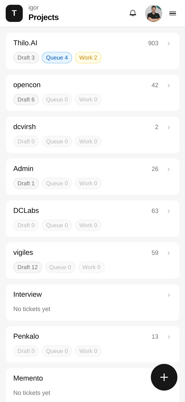 thilo mobile app — projects list